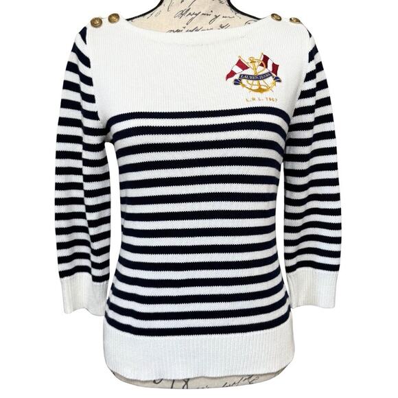 Ralph Lauren Jeans Co Boatneck Sweater Women S White Navy Nautical Brass Buttons - Picture 1 of 10